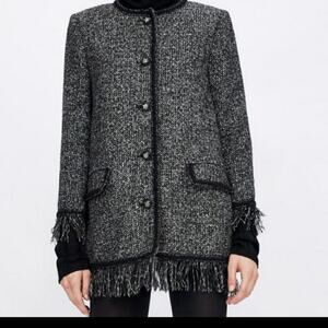 Zara Black metallic Tweed jacket with fringe size XS